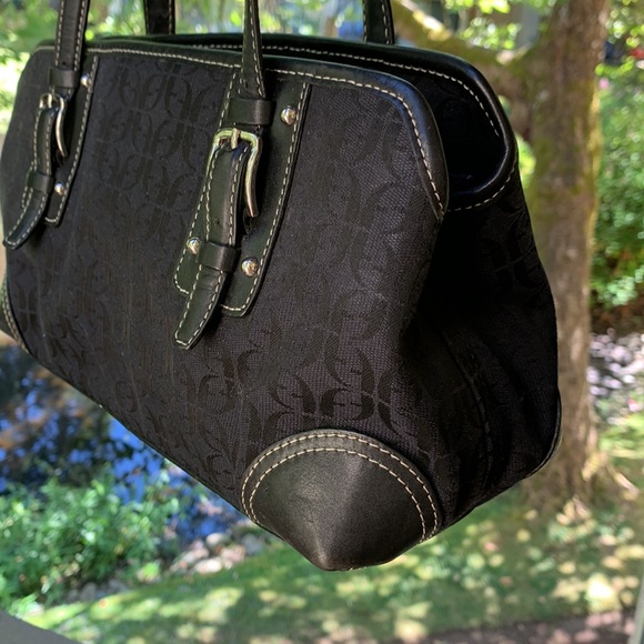 Vintage Fossil Shoulder bag large black leather canvas silver hardware Y2K - Picture 3 of 15